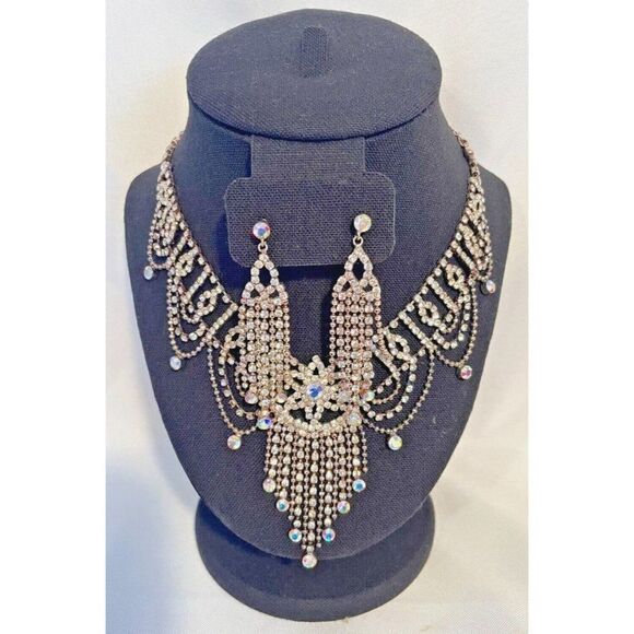 Wedding Bridal Party Jewelry Set crystal Rhinestone Necklace & Earrings Set 18" - Picture 1 of 13